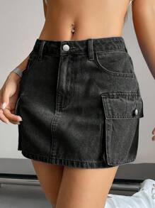 SHEIN ICON 女式夏季纯色工装牛仔裙 - 黑色 - 查看 4