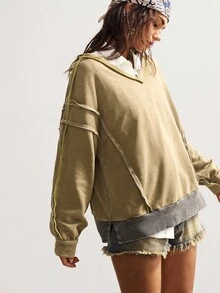 Bohemela Boho Autumn/Winter Vintage Casual Women's Casual Solid Color V-Neck Long Sleeve Loose Knit Oliver Green Sweatshirt Earthy , Western Country Style Concert Vacation, Suitable For Vacation & Daily Wear & Back To School & Going Out, Halloween