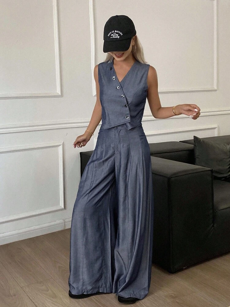 2pcs Women's Casual Solid Color V-Neck Vest And Wide Leg Floor Length Pants Set