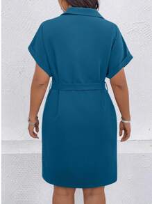 SHEIN LUNE Plus Size Women's Solid Color Batwing Short Sleeve Zipper Front Casual Dress