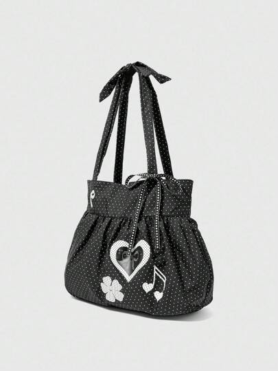 Anime Black Cute Bow Retro Heart Shoulder Bag For Women Minimalist Polka Dot Summer Flower & Music Note Large Capacity Tote Bag, Fits Laptop, Suitable For Daily Commute