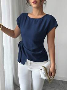 Selianne Casual Commuting All-Match Vacation Simple Loose Round Neck Bat Short Sleeve Asymmetrical Hem Design Soft Texture Material Blue Women's Shirt Summer Tops Women's Summer Clothing Summer Shirt Summer Clothes Women's Elegant Tops - Navy Blue - View 4