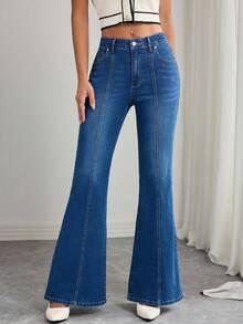 Elenzga Quần jeans ống loe ôm vừa vặn, giặt thường ngày dành cho nữ - Màu xanh lam - Xem 4