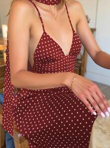 Women's Polka Dot Print Dress With Straps And Open Back - 象牙白色 - 查看 2