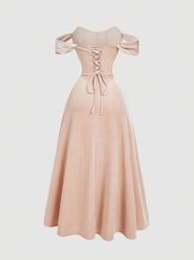 SHEIN MOD 大码浪漫卡其色仿鱼骨设计单肩连衣裙、晚宴服、正式礼服、舞会礼服、酒红色长裙、伴娘礼服、天鹅绒礼服、返校节礼服、文艺复兴礼服、复古礼服、新年、情人节、紧身胸衣礼服 - 卡其色 - 查看 2