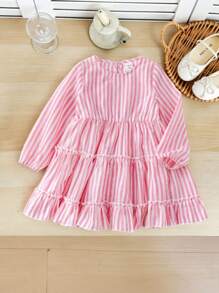 SHEIN Babygirl Vacation Cute Pink And White Striped Long Sleeve Ruffle Trim Dress - Pink - View 1