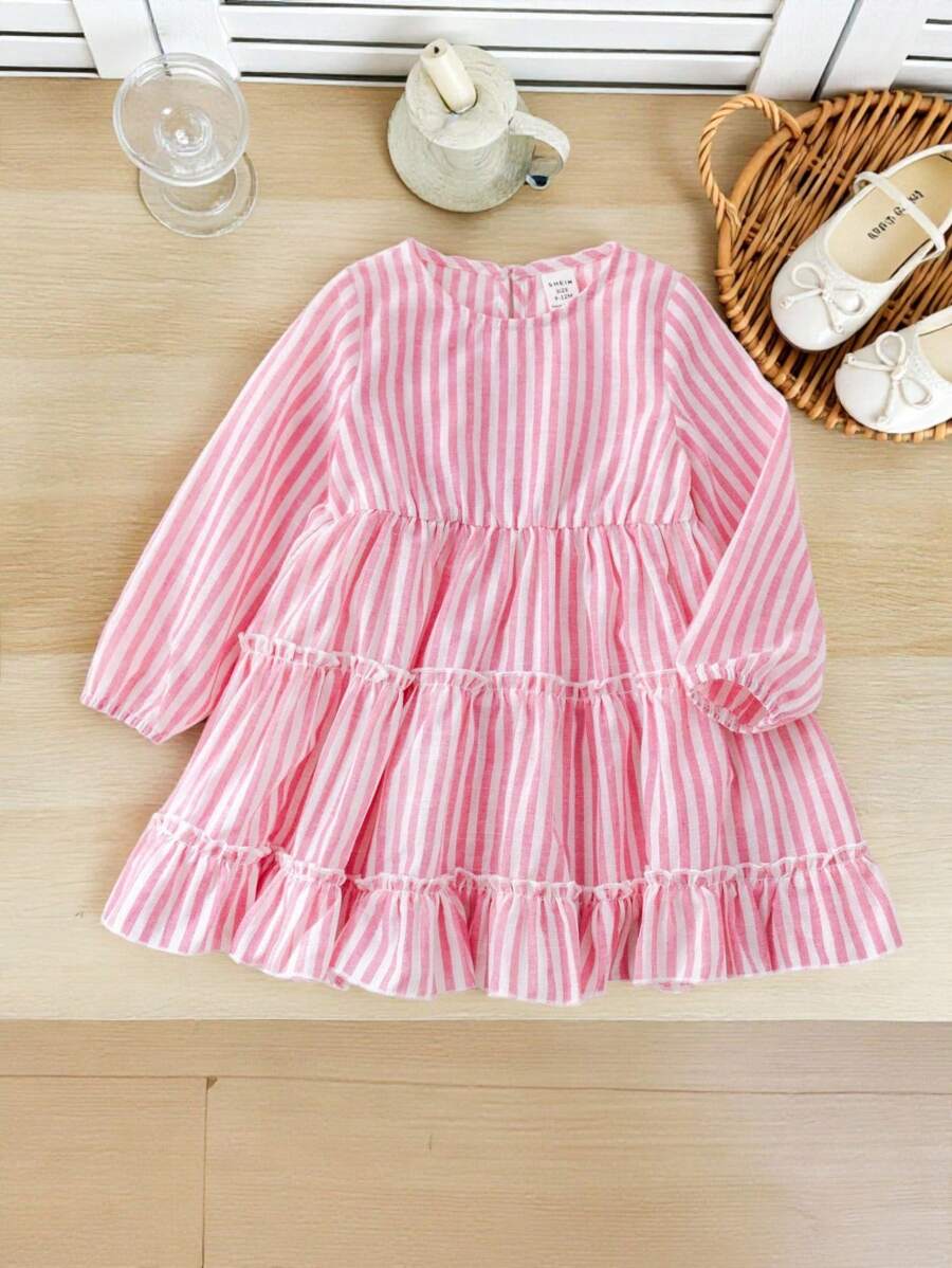 SHEIN Babygirl Vacation Cute Pink And White Striped Long Sleeve Ruffle Trim Dress - Pink - View 1