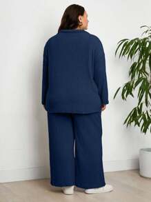 RueChic Conjunto de 2 piezas de top de manga larga y pantalones de unicolor casual en talla grande