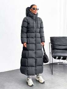 EURMUSE Iconic A Shape Silhouette Zip Up Hooded Padded Long Extra Warm Winter Coat - Navy Blue - View 5