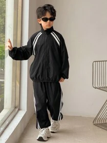 SHEIN 2 件套青少年男孩休闲韩版宽松立领夹克和抽绳裤套装，适合秋冬运动休闲 - 黑色 - 查看 4