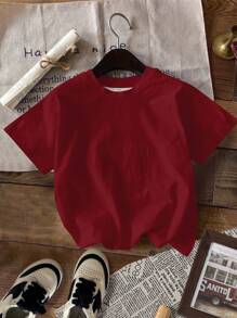 SHEIN Leap Crew Kleine Mädchen Lässig Muster Kurzarm T-Shirt, geeignet für den Sommer - Bordeaux - Übersicht 2