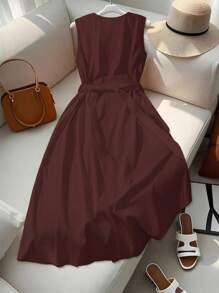 SHEIN Clasi 女士优雅 V 领橙色中长连衣裙，金属环扣腰带，合身腰部设计，春夏