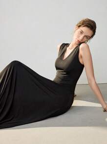 Uhlyne Elegante vestido minimalista de moda retro básico para mujer, con diseño de cuello en V, unicolor y de alta gama