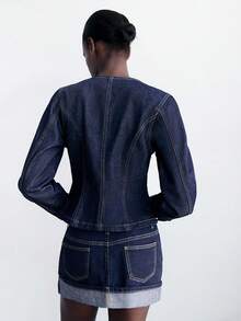 Maija 女式蓝色圆领插肩袖单排扣时尚牛仔夹克 - 深色水洗藍 - 查看 6