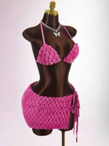 Amplova 女式性感毛茸茸吊带上衣和开衩迷你裙两件套 - 粉色 - 查看 1