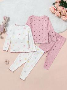 SHEIN 4 件套女婴柔软舒适猫咪图案荷叶边领长袖睡衣套装 - 彩色 - 查看 2