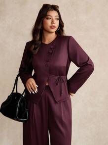 Elaquor Plus Size Women's Solid Color Long Sleeve Suit Set In Fall/Winter - Burgundy - View 4