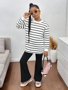青少年女孩休闲条纹圆领套头衫 - 黑與白 - 查看 6