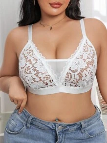SHEIN Lingerie in taglia curvy, colore unito, in rete e pizzo, sexy e trasparente - Bianco - Visualizzare 3