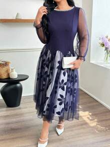 Al Najma Plus Size Long Pearl Beaded Mesh Patchwork Elegant Luxurious Design Dress, Spring/Summer - Navy Blue - View 1