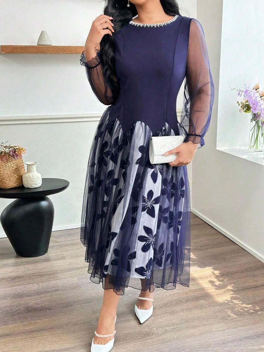 Al Najma Plus Size Long Pearl Beaded Mesh Patchwork Elegant Luxurious Design Dress, Spring/Summer - Navy Blue - View 1
