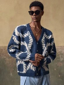 AKNOTIC Men's Casual Fashion - Loose Button - Cardigan Sweater - Contrast Jacquard - Machine Washable Or Dry Clean - Suitable For Autumn/Winter - Navy Blue - View 3