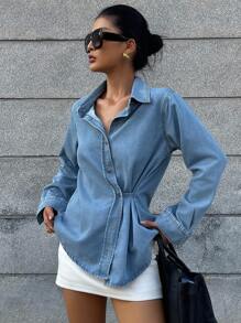 DAZY 秋季法式复古翻领侧扣设计宽松百搭长袖水洗牛仔衬衫、牛仔夹克、秋季女装 - 淺色水洗藍 - 查看 1