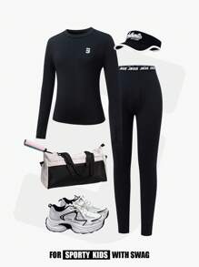 JNSQ 2 Stück/Set Jungen Herbst/Winter Sportoutfit, Slim Fit Langarm T-Shirt kombiniert mit Slim Fit Leggings, geeignet für den täglichen Gebrauch, Outdoor-Aktivitäten, Urlaub, Streetwear, Party und Lässig - Schwarz - Übersicht 4