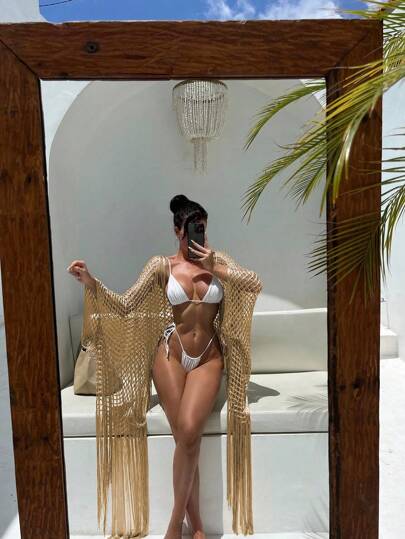 Swim SXY 度假海滩镂空流苏下摆和服罩衫