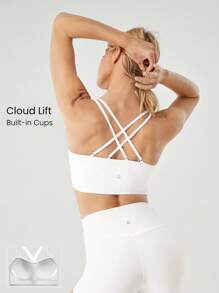 GLOWMODE Double-Cross Strap Sports Bra Adjustable Scoop Neck One Piece Padding Light Support Low Impact Yoga Studio Gym Daily - White - View 1