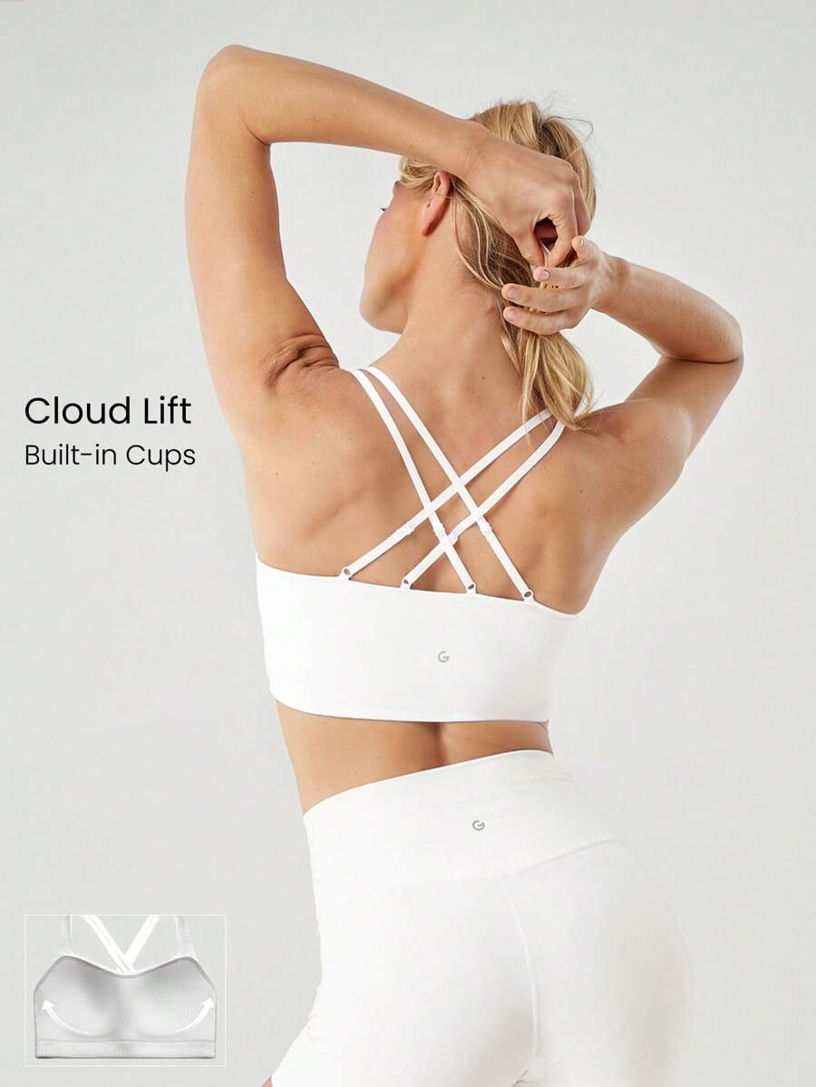 GLOWMODE Double-Cross Strap Sports Bra Adjustable Scoop Neck One Piece Padding Light Support Low Impact Yoga Studio Gym Daily - White - View 1
