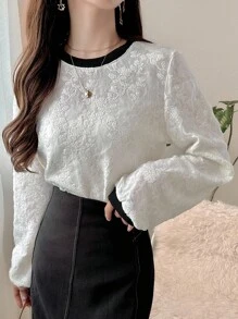 FRIFUL 女款撞色圓領蕾絲紋理布料長袖休閒百搭T恤，秋季可愛上衣 - 米色 - 查看 6