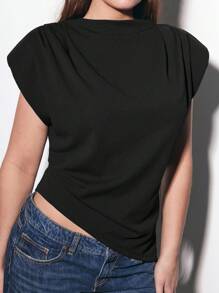 Maija 2025 加大码女式纯色中式立领褶皱不对称下摆垫肩无袖上衣，职业通勤装 - 黑色 - 查看 5