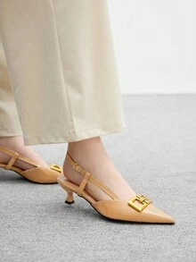 CUCCOO BIZCHIC 女士时尚尖头链条装饰露背小猫跟高跟鞋，通勤风格 - 杏色 - 查看 3