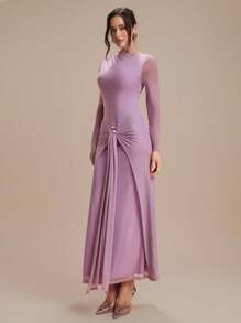 Modelyn Metal Decor Knit Comfortable Daily Party Elegant Vacation Dress, Long Sleeve - Purple - View 3