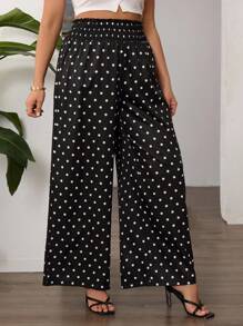 SHEIN Tall CURVE Plus Size Women's Waist Drawstring Polka Dot Print Wide Leg Loose Pants Fall Cloth For Women