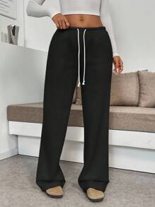 Flirla Tall 女款高腰寬腿褲，黑色冬季休閒居家抽繩鬆緊腰寬鬆舒適長褲，修飾身形秋季布料，適合高個女性 - 黑色 - 查看 4