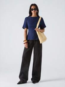 LYSMO 女士纯色圆领休闲短袖牛仔衬衫 - 藍色 - 查看 7