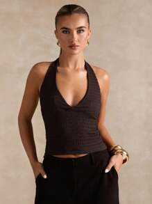 SHEIN BAE Women's Sexy Solid Color Backless Halter Top, Summer - Coffee Brown - View 4