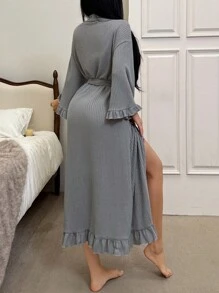 Casual Women's Half Sleeve Grey Robe With Knot Detail And Ruffled Hem - Grey - View 2
