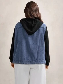 SHEIN LUNE Plus Size Two Tone Denim Jacket With Hood Winter Fall Autumn Black - Baby Blue - View 2