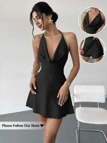 Firerie 女士优雅简约休闲度假装，杏黄色低胸无袖露背飘逸面料连体衣 - 黑色 - 查看 1