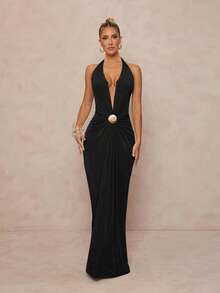 Lumalex فستان نسائي جميل ذو رقبة حلقة معدني للعطلات والمهرجانات الموسيقية على الشاطئ، عميق الياقة على شكل V مرن - الأسود - مشاهدة 3