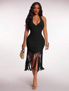 Radiana Women's Summer Boho Apricot Crochet Flowy Tassel Hem Dress, Vacation/Holiday/Beach Outfit - Black - View 6