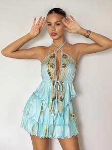SHEIN ICON 2 件波西米亚风外出蓝绿色亮片性感露背印花背心和低腰半身裙套装 - 彩色 - 查看 4