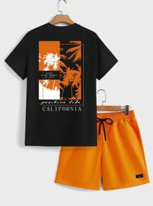 Manfinity Homme 棕榈树和字母印花错位拼色男士休闲海滩度假短袖T恤和短裤套装
