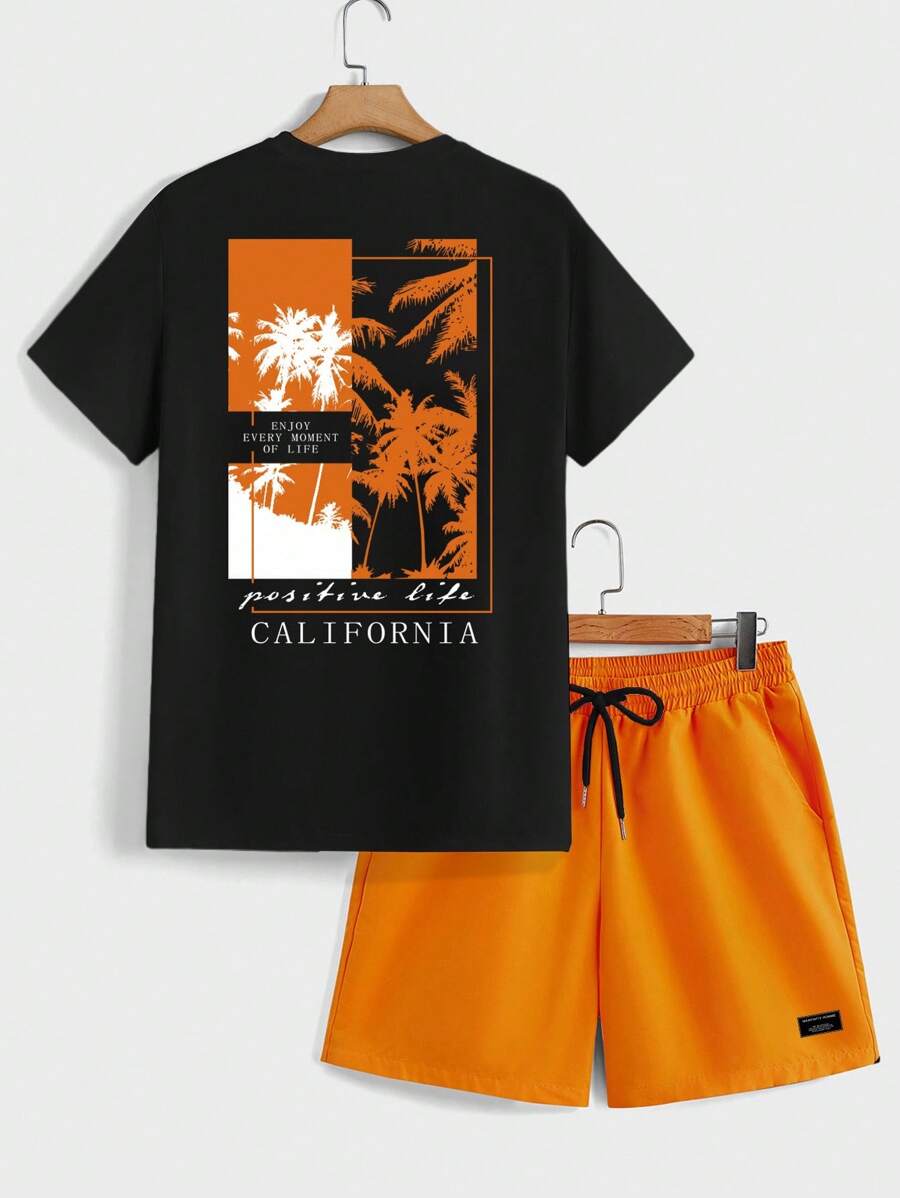Manfinity Homme 棕榈树和字母印花错位拼色男士休闲海滩度假短袖T恤和短裤套装