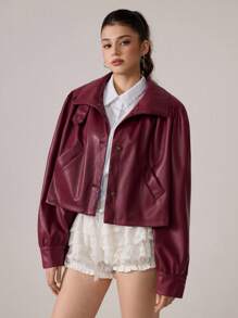 SHEIN MOD 女士时尚休闲 PU 皮革前扣立领夹克 - 酒紅色 - 查看 6