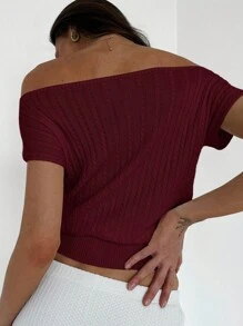 Aloruh Camiseta de mujer de punto texturizado, ajustada a la cintura, con hombros descubiertos, de estilo minimalista y elegante - Granate - Ver 5