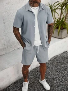 Manfinity Homme 2pcs/Set Men's Solid Color Textured Short Sleeve Shirt And Shorts Set, Summer Men Shirt And Shorts Set, Cozy Outfits